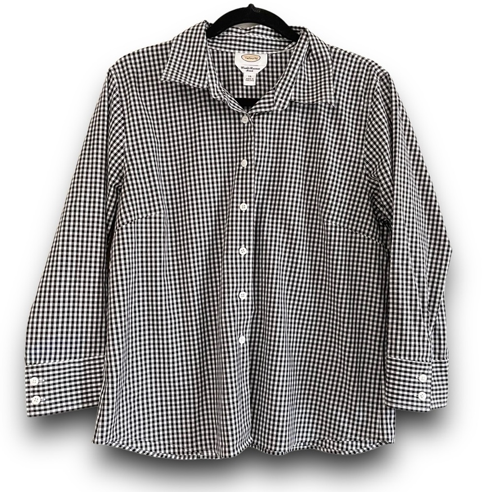 TALBOT'S Black White Gingham Check Wrinkle Resistant Stretch Button Front Top 14